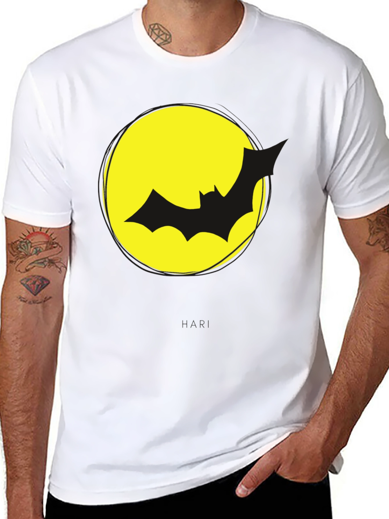 Bat Silhouette on Yellow Moon Graphic Tee - Black
