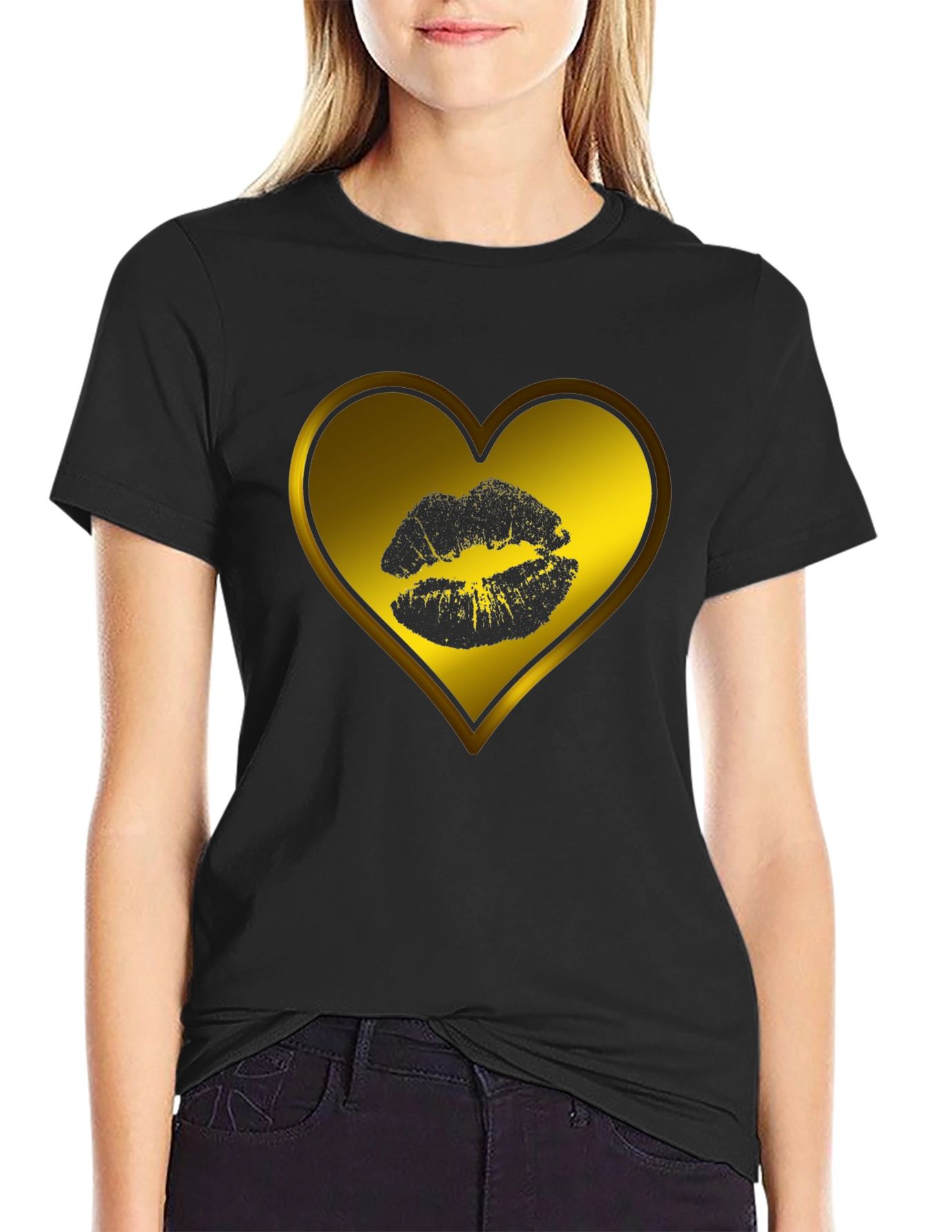 Heart Kiss Graphic Tee - Black Casual T-Shirt