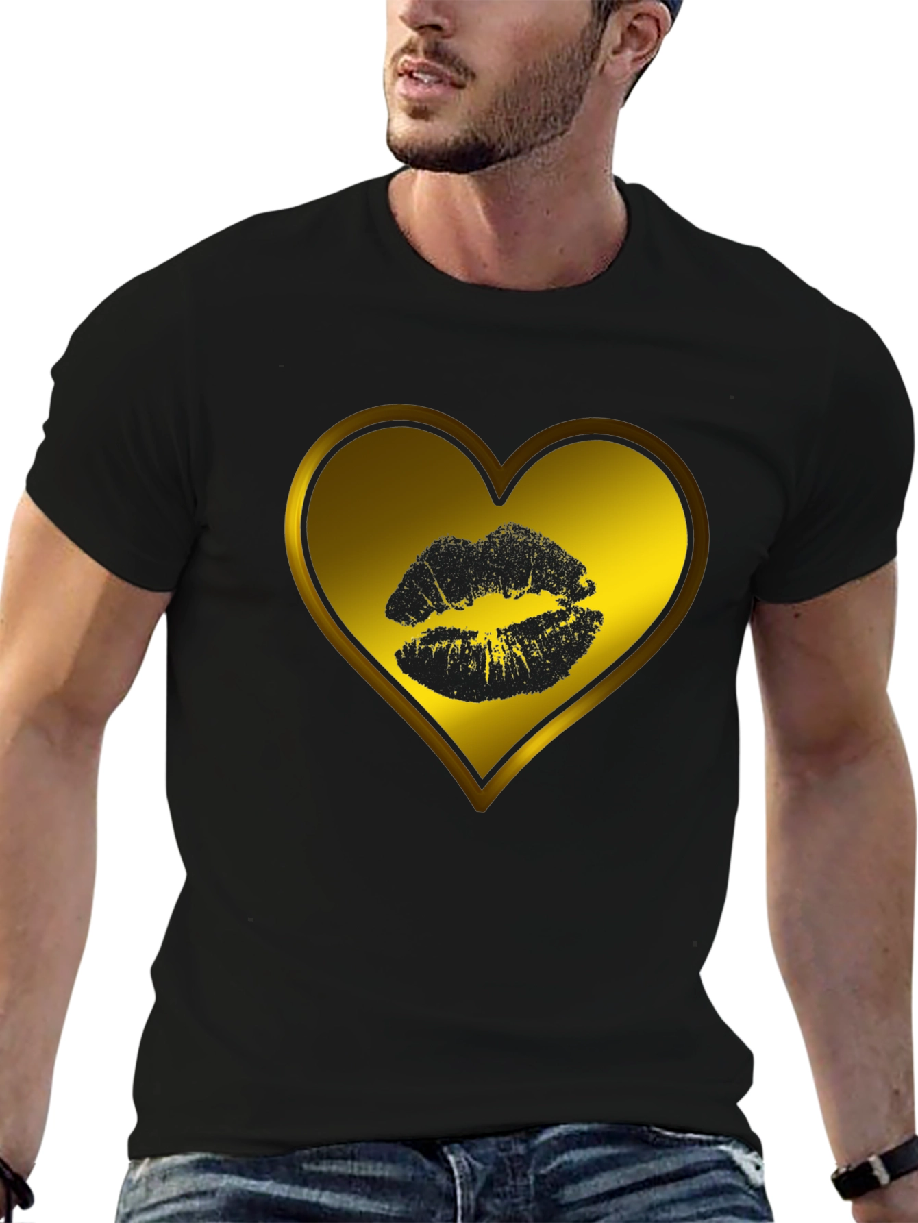 Heart Kiss Graphic Tee - Black Casual T-Shirt