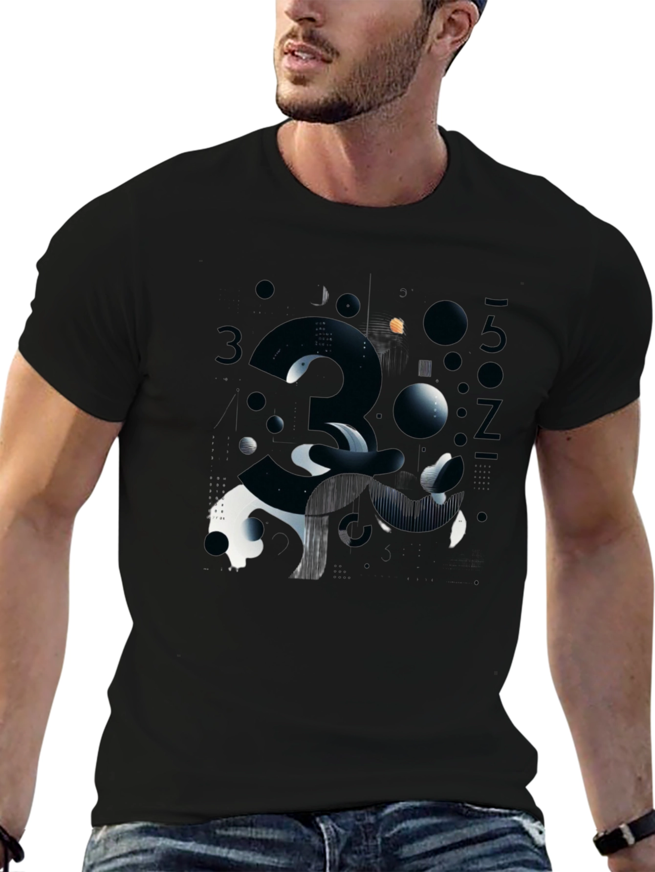 Abstract Number Graphic Print Black T-Shirt