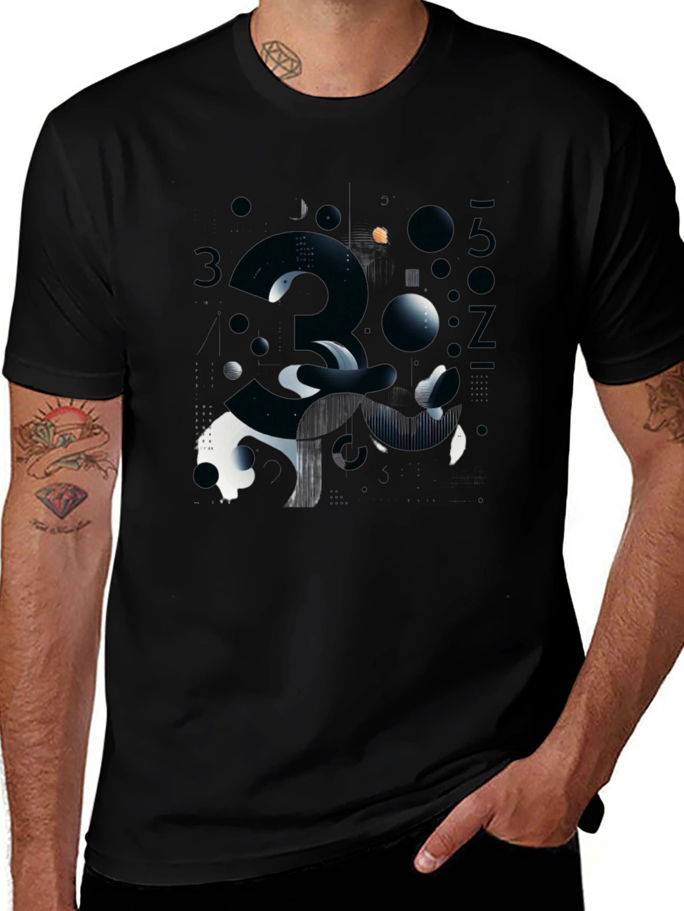 Abstract Number Graphic Print Black T-Shirt