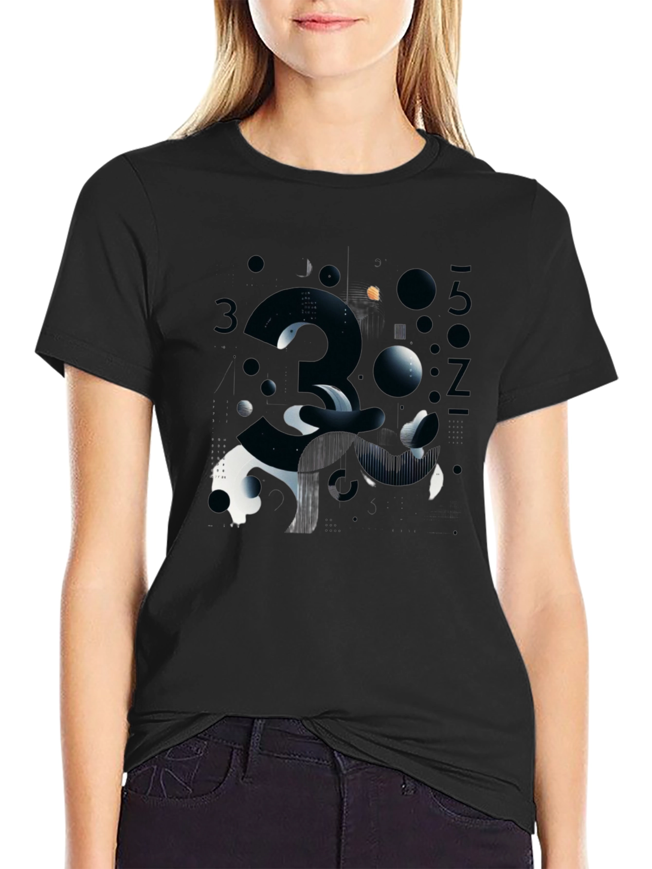 Abstract Number Graphic Print Black T-Shirt