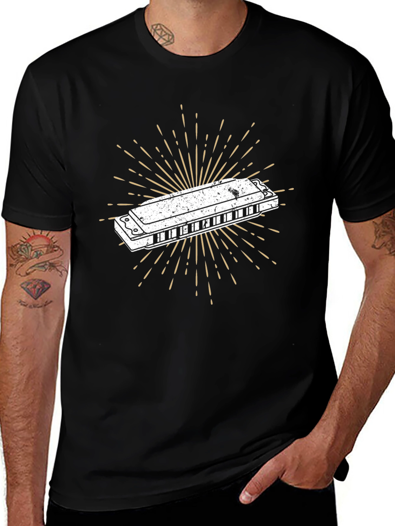 Harmonica Burst Graphic Tee - Black Cotton Casual