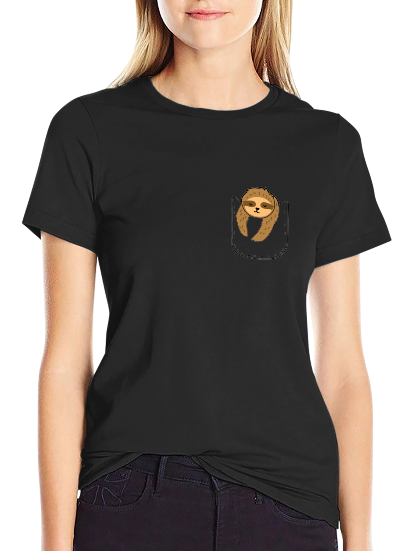 Sloth in Pocket Graphic Tee - Comfy Black T-Shirt