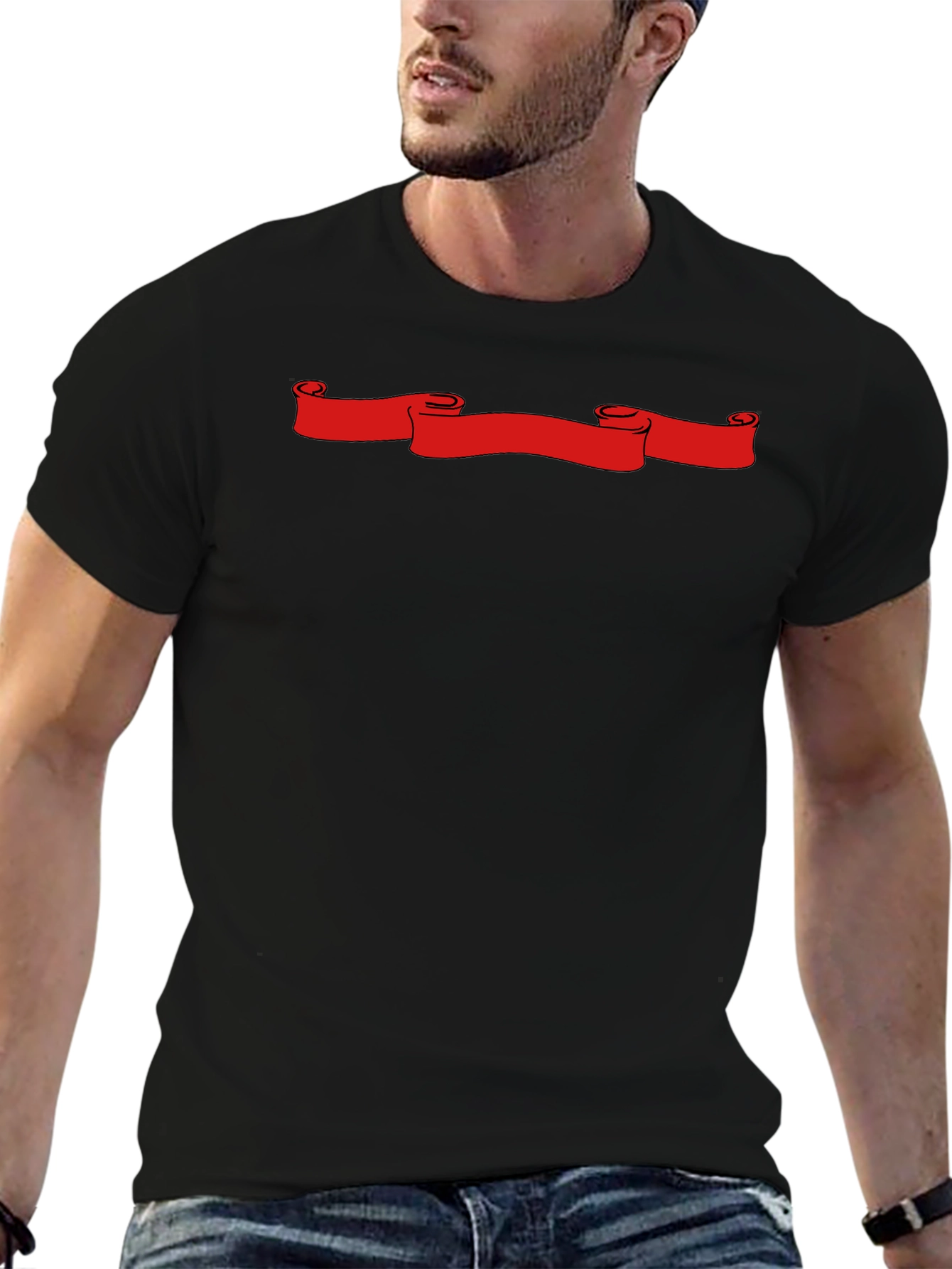Black T-Shirt with Red Scroll Graphic