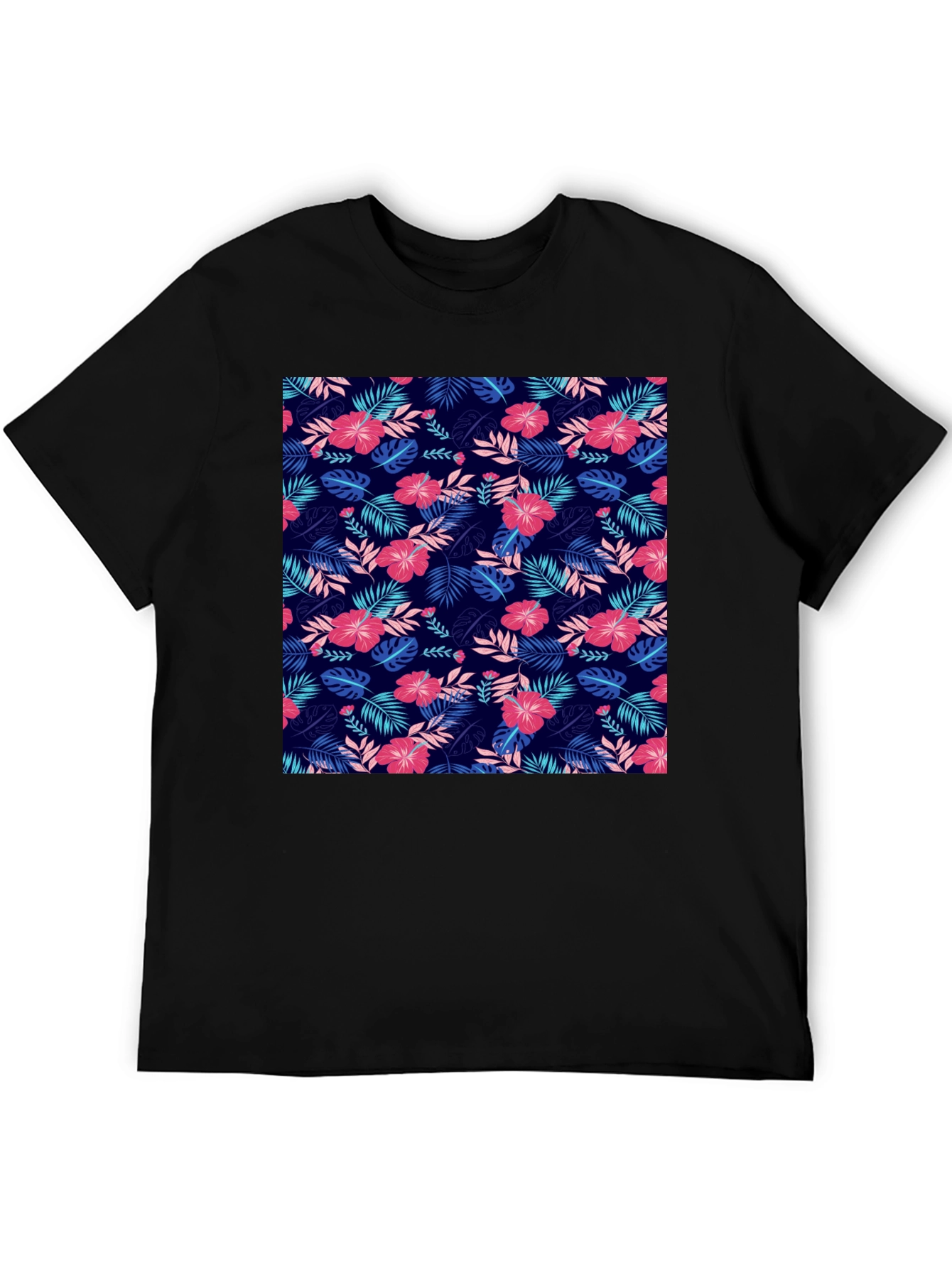Tropical Floral Print Mens Black T-Shirt