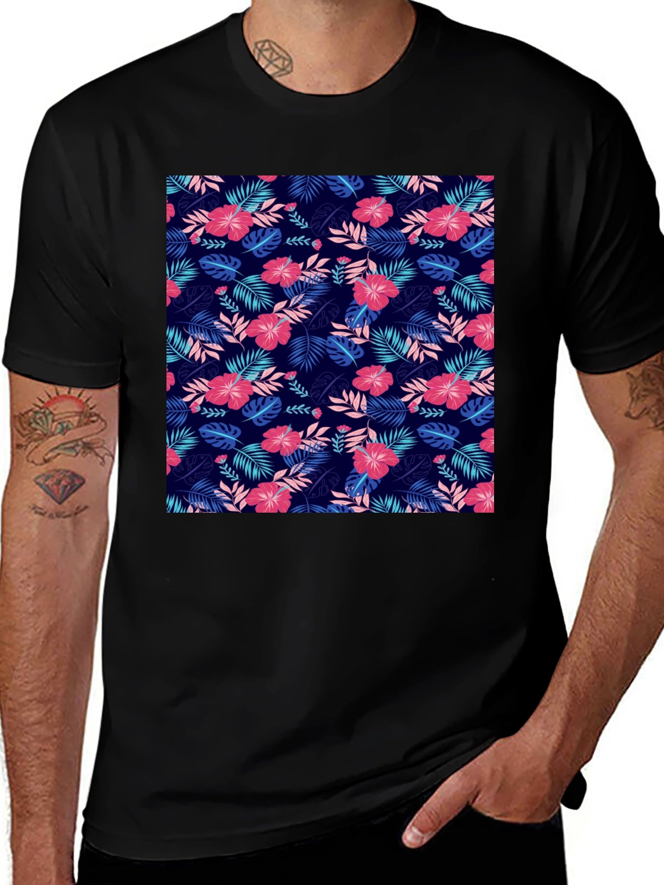 Tropical Floral Print Mens Black T-Shirt