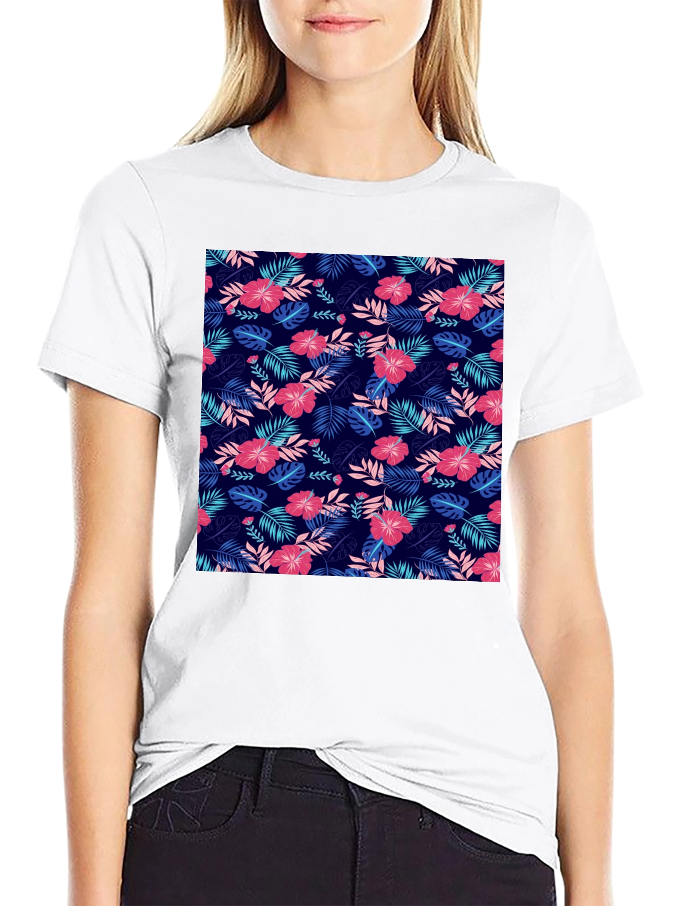 Tropical Floral Print Mens Black T-Shirt