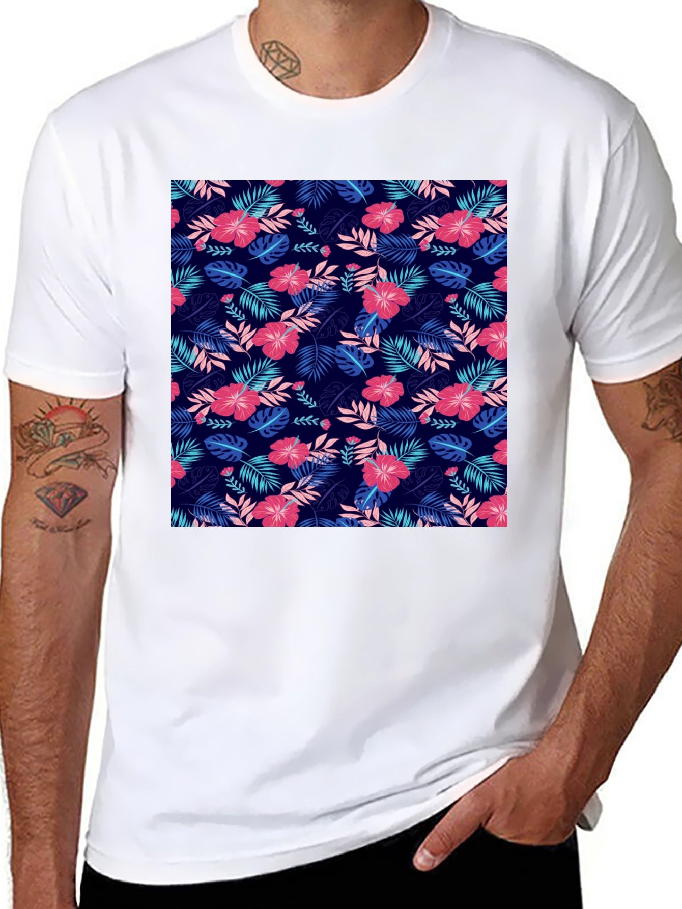 Tropical Floral Print Mens Black T-Shirt
