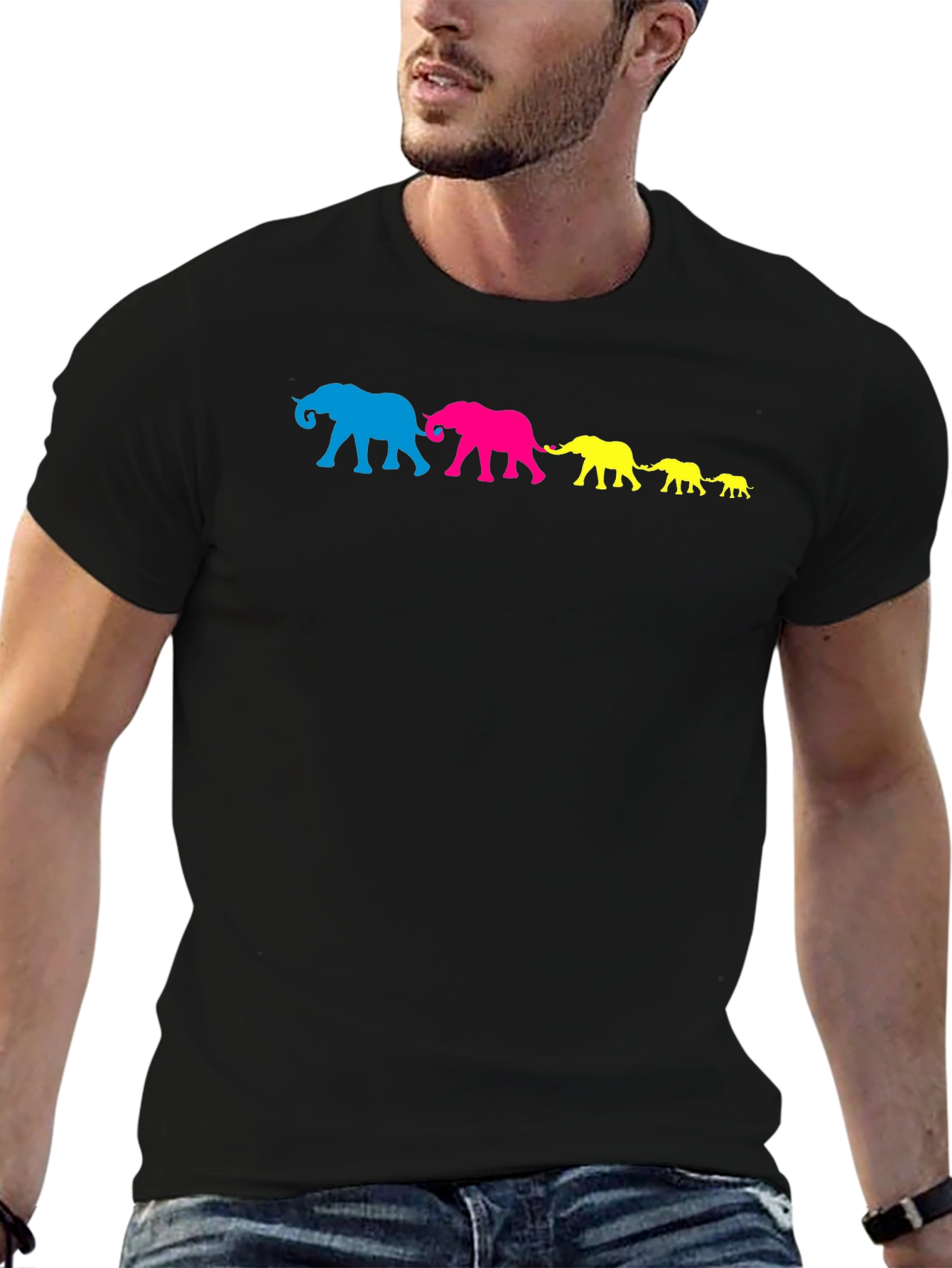 Elephant Family T-Shirt - Black Cotton Crew Neck