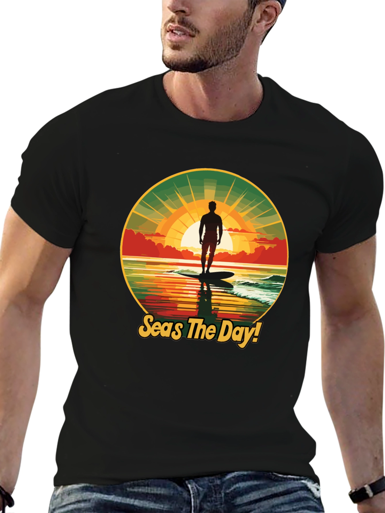 Seas The Day! Surfer Graphic Black T-Shirt