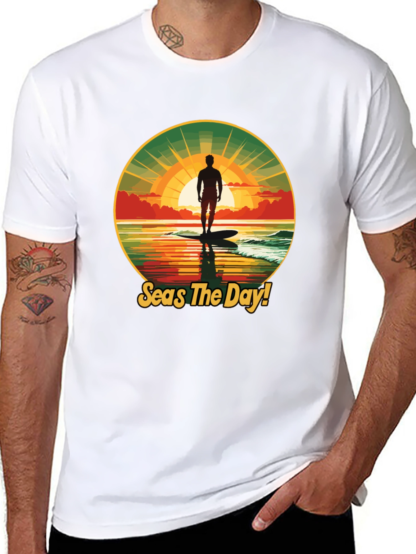 Seas The Day! Surfer Graphic Black T-Shirt