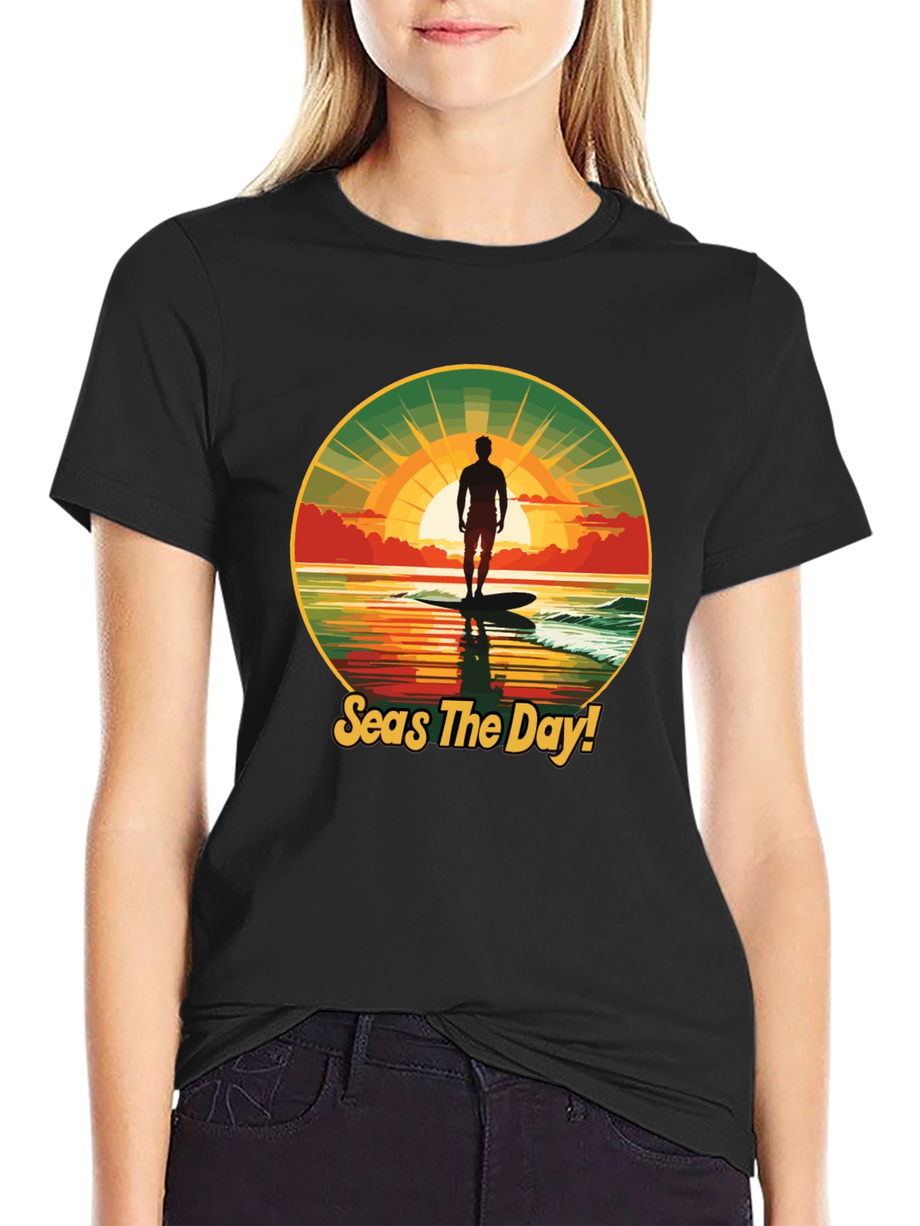 Seas The Day! Surfer Graphic Black T-Shirt