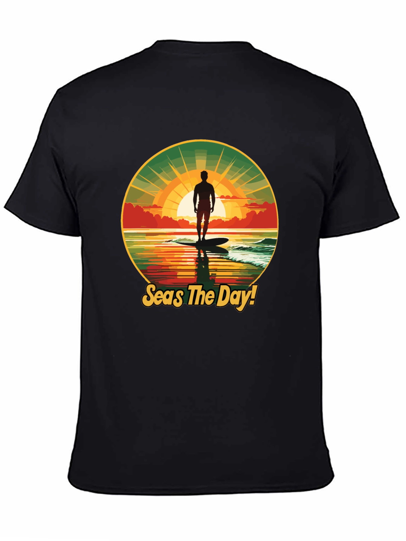 Seas The Day! Surfer Graphic Black T-Shirt