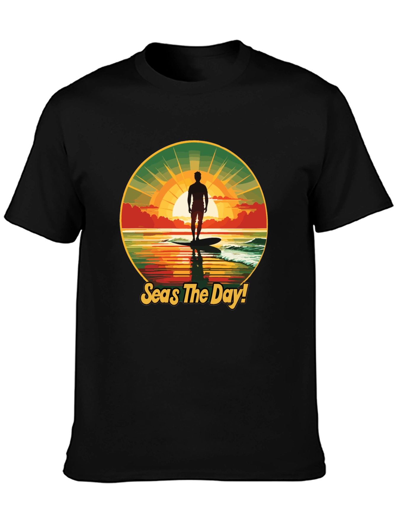 Seas The Day! Surfer Graphic Black T-Shirt