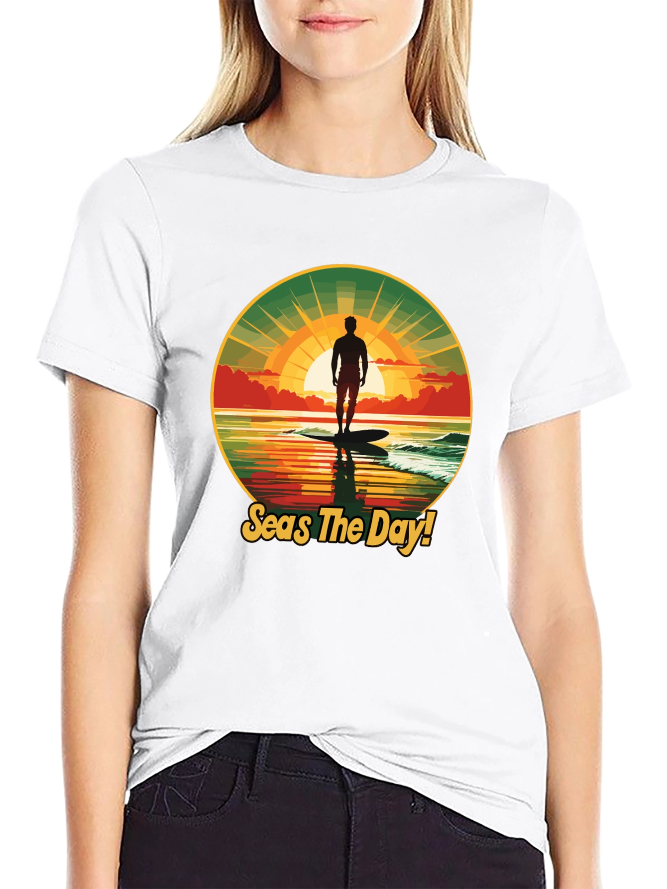 Seas The Day! Surfer Graphic Black T-Shirt
