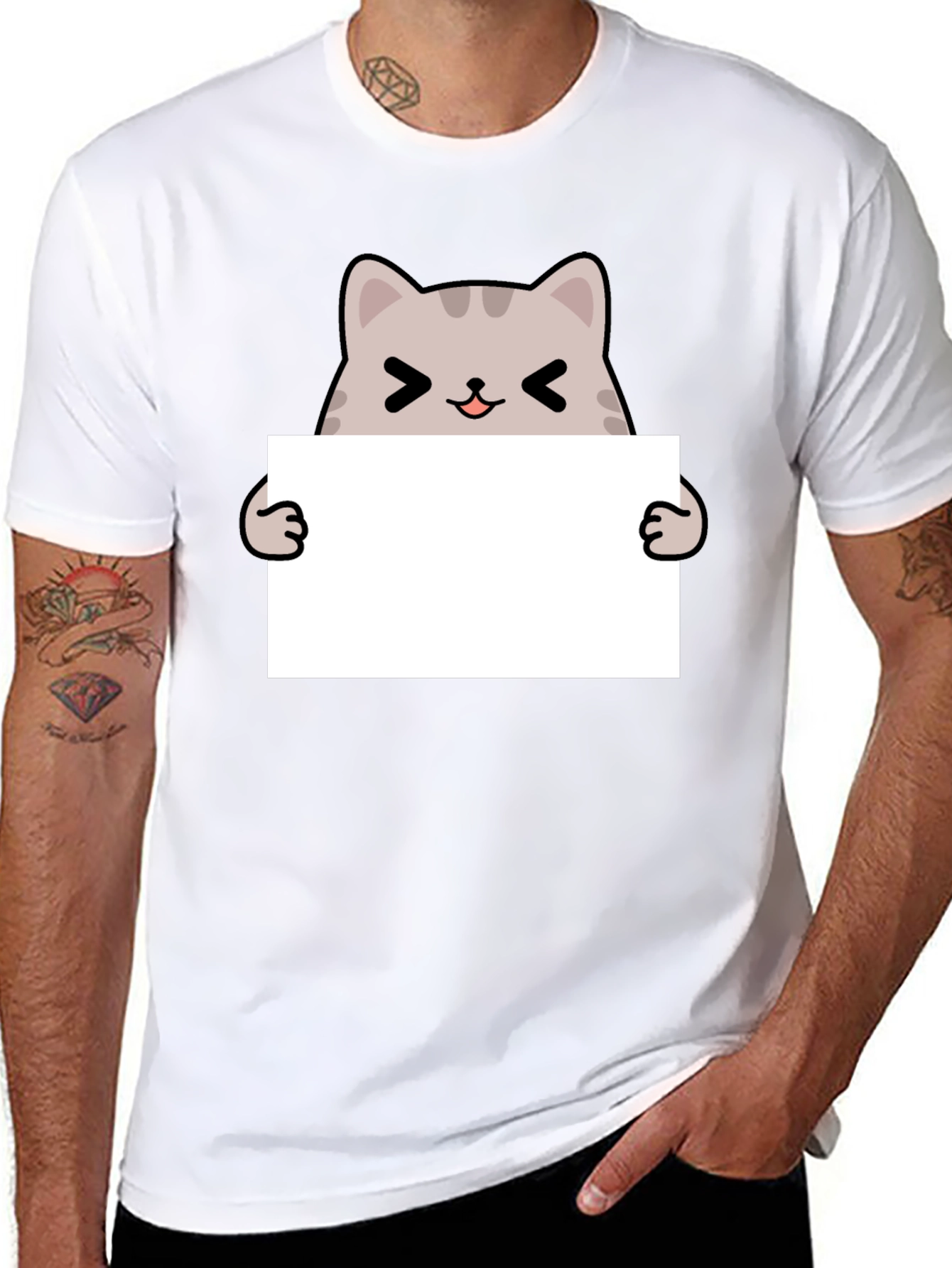 Cute Cat Holding Blank Sign Black T-Shirt
