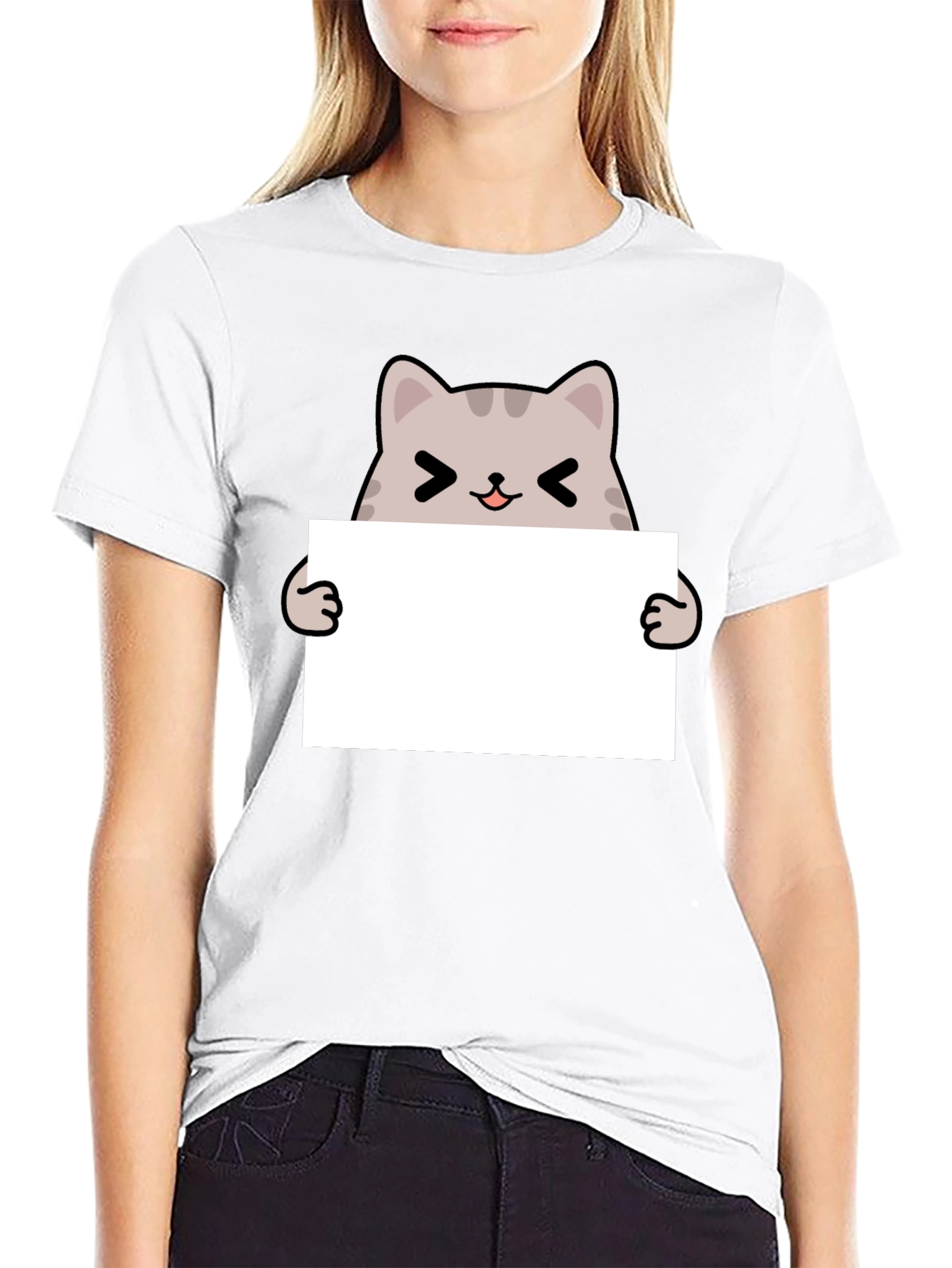 Cute Cat Holding Blank Sign Black T-Shirt