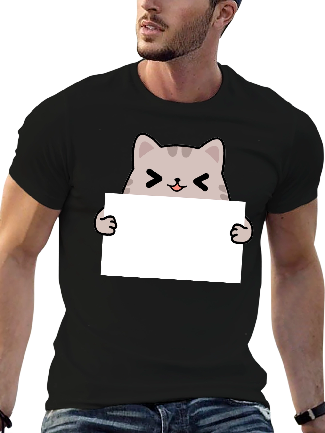 Cute Cat Holding Blank Sign Black T-Shirt