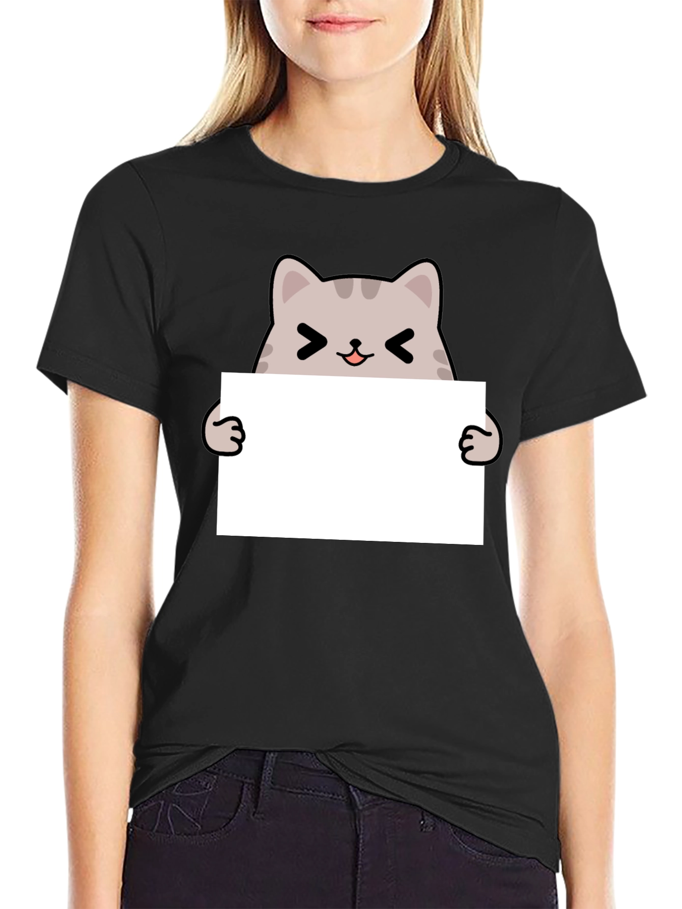 Cute Cat Holding Blank Sign Black T-Shirt