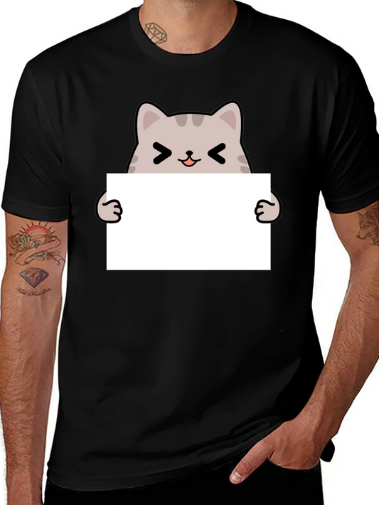 Cute Cat Holding Blank Sign Black T-Shirt