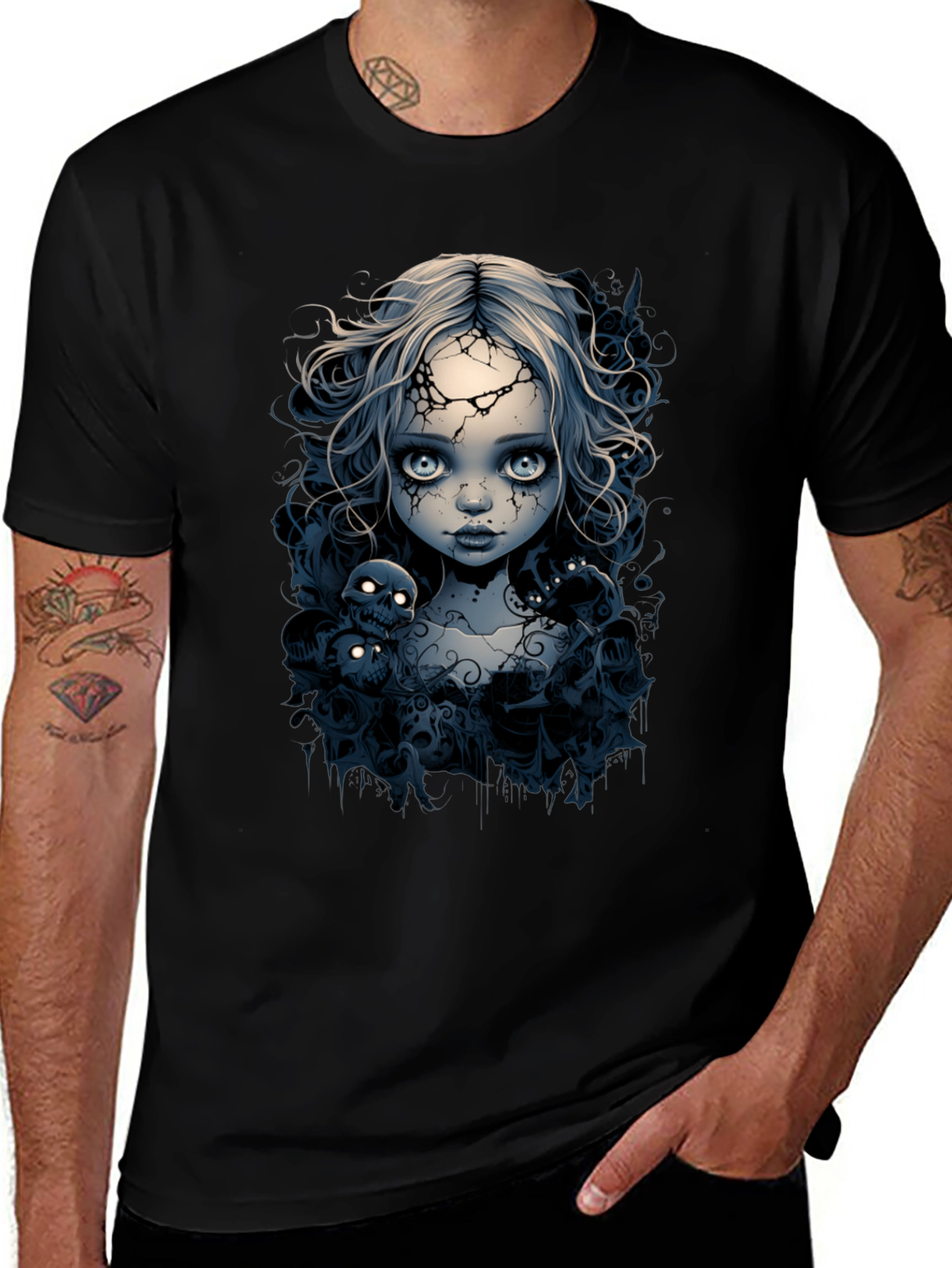 Creepy Doll T-Shirt - Gothic Skull Design