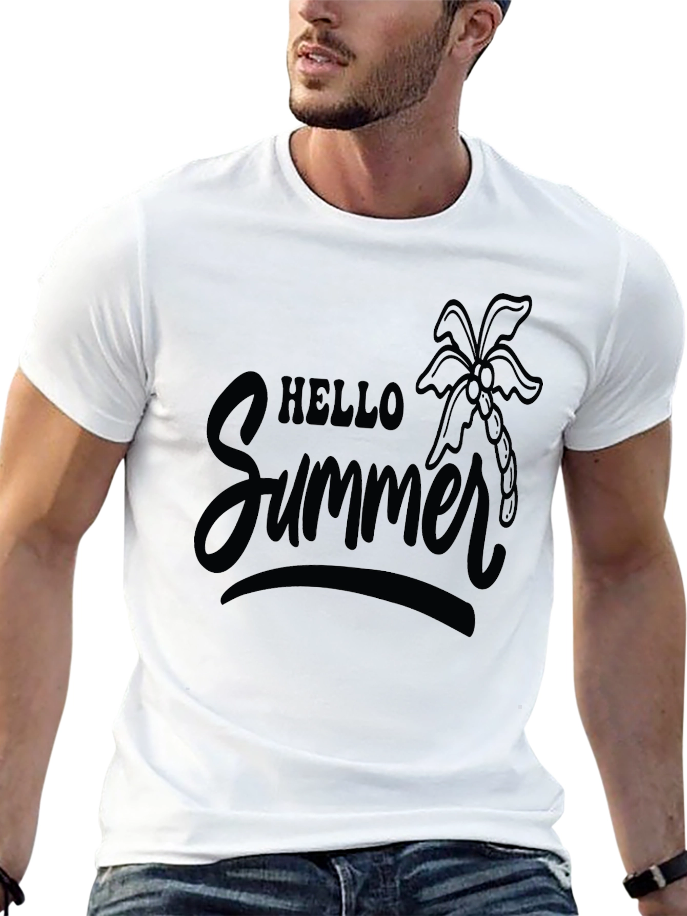 Hello Summer Black T-Shirt with Palm Tree