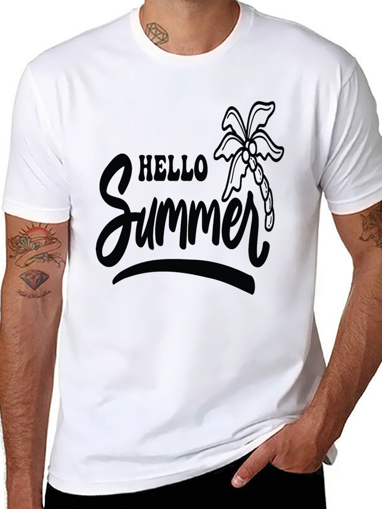 Hello Summer Black T-Shirt with Palm Tree