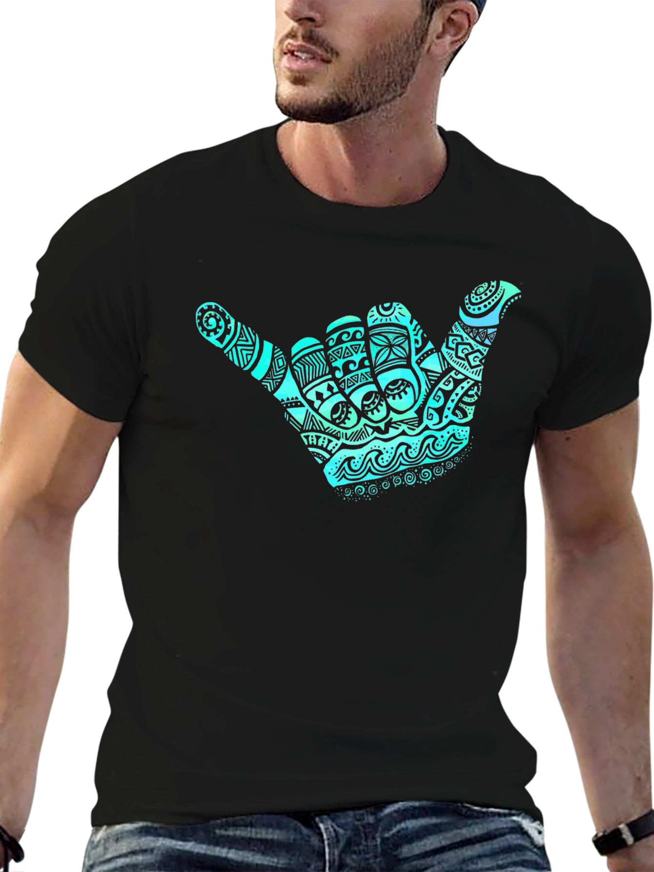Shaka Hand Graphic Tee - Casual Black T-Shirt