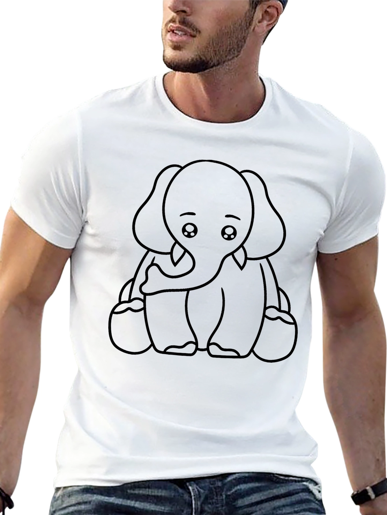 Cute Elephant Outline Graphic Tee - Black