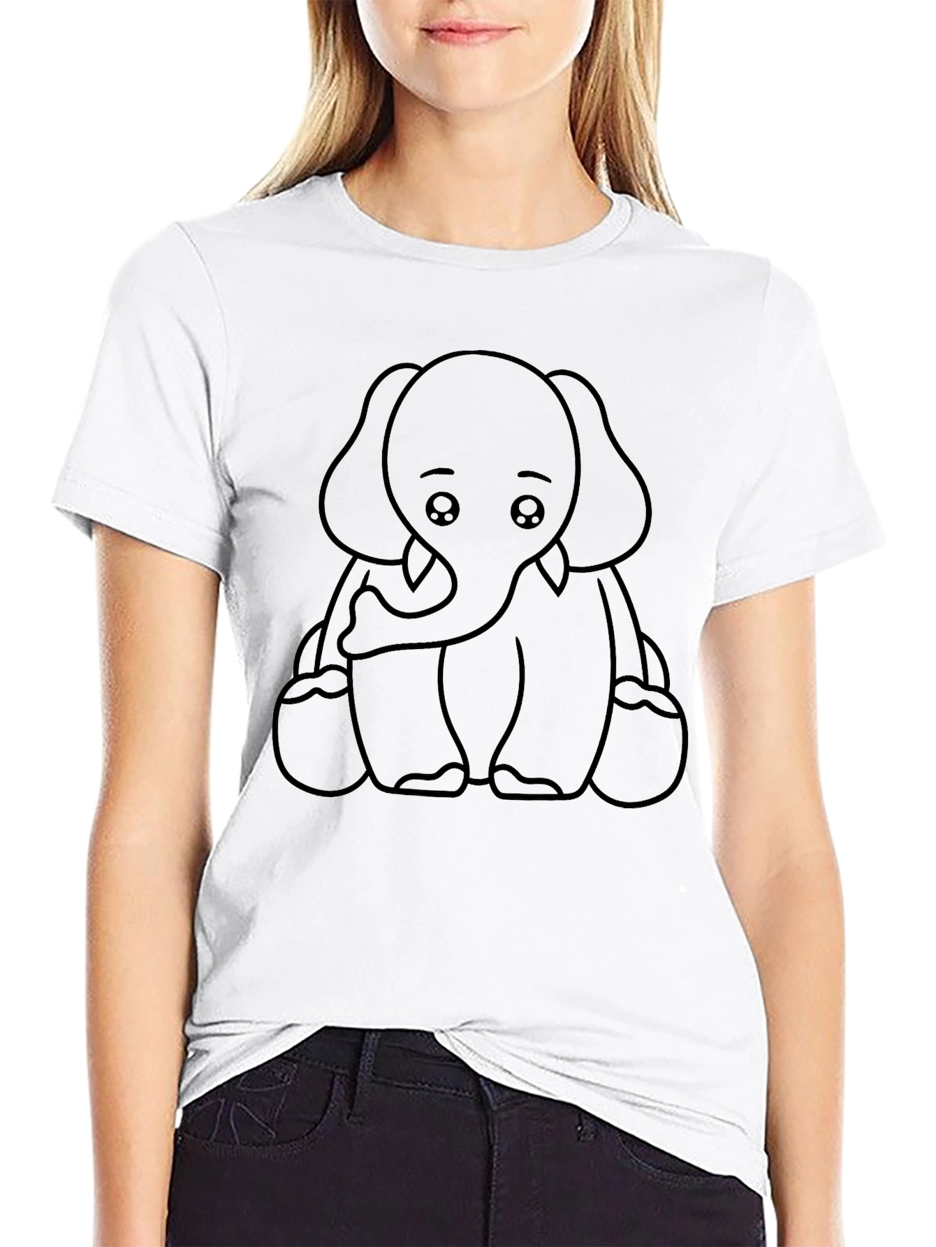 Cute Elephant Outline Graphic Tee - Black