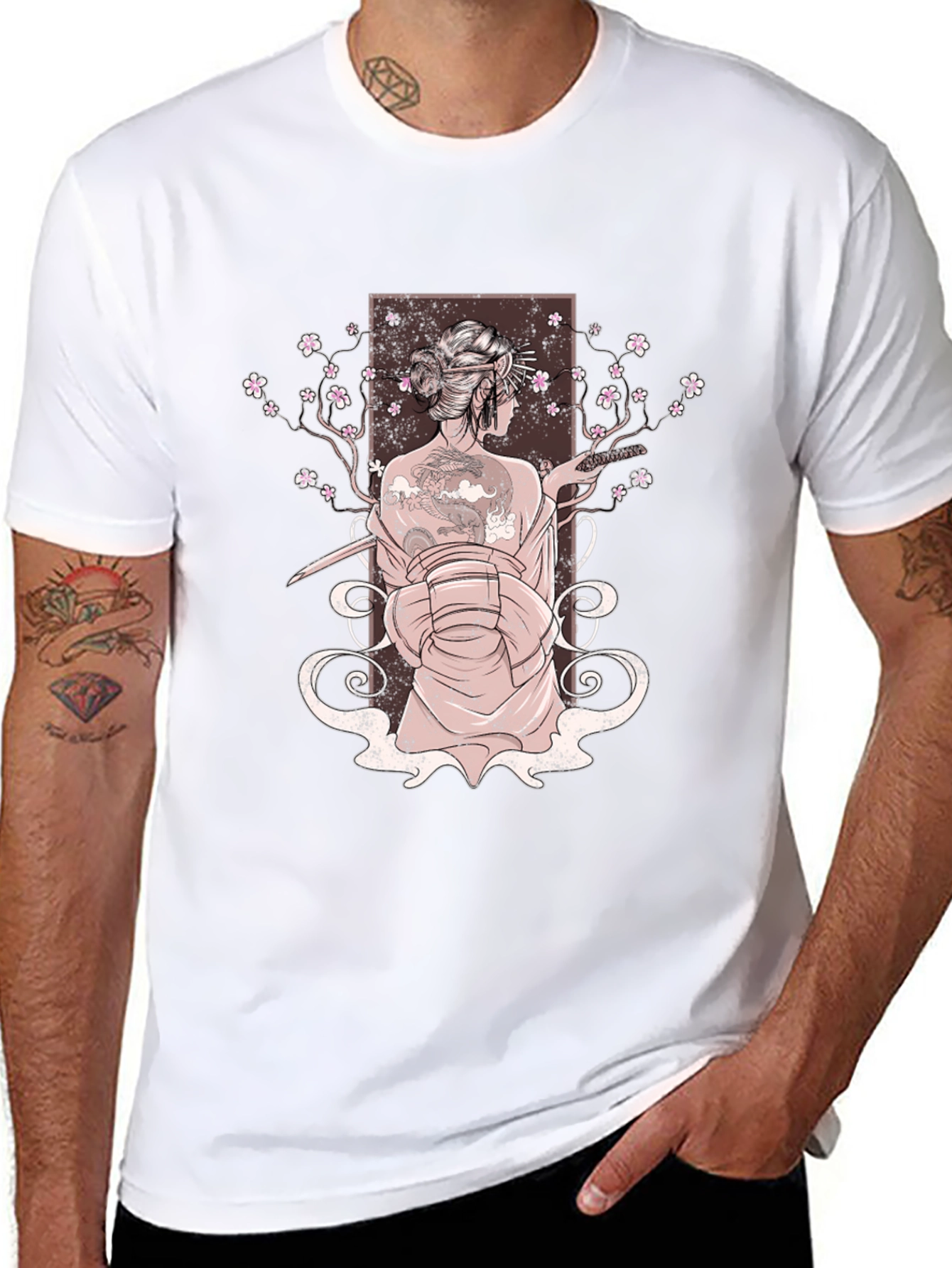 Geisha Art Print Mens Black T-Shirt