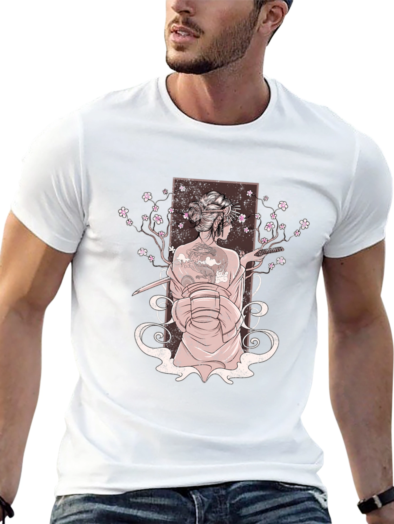 Geisha Art Print Mens Black T-Shirt
