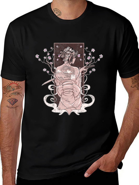 Geisha Art Print Mens Black T-Shirt