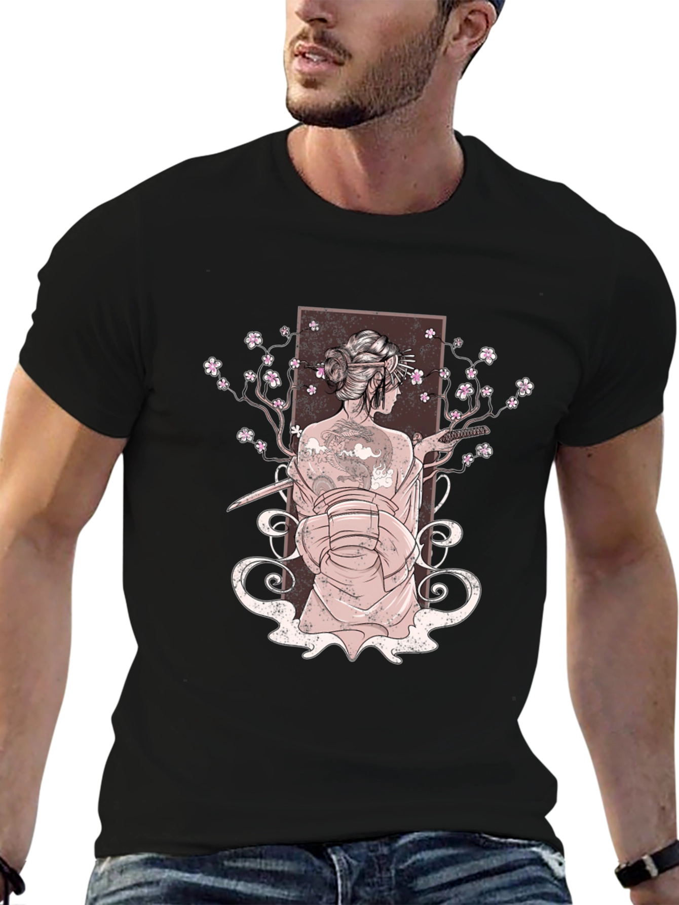 Geisha Art Print Mens Black T-Shirt