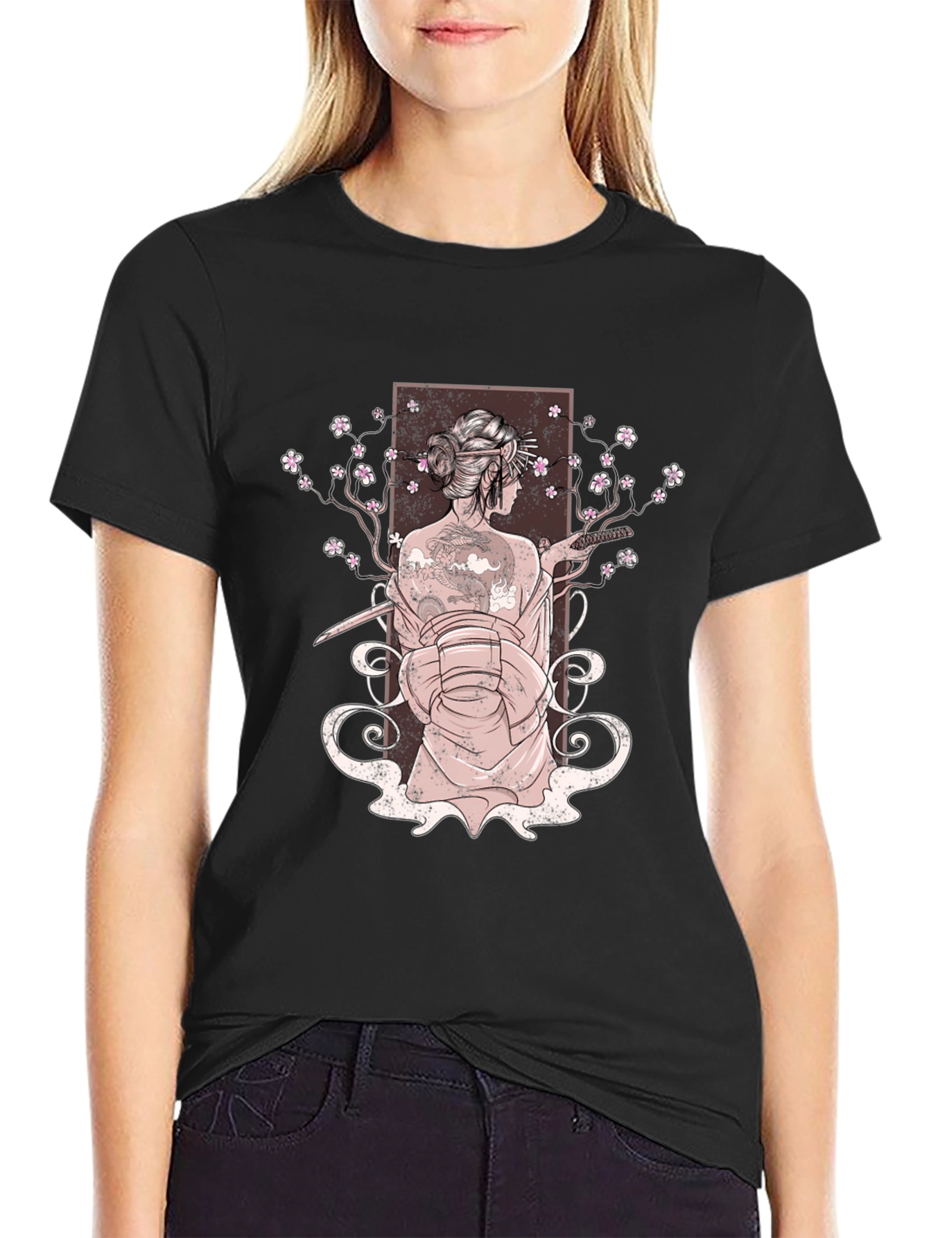 Geisha Art Print Mens Black T-Shirt