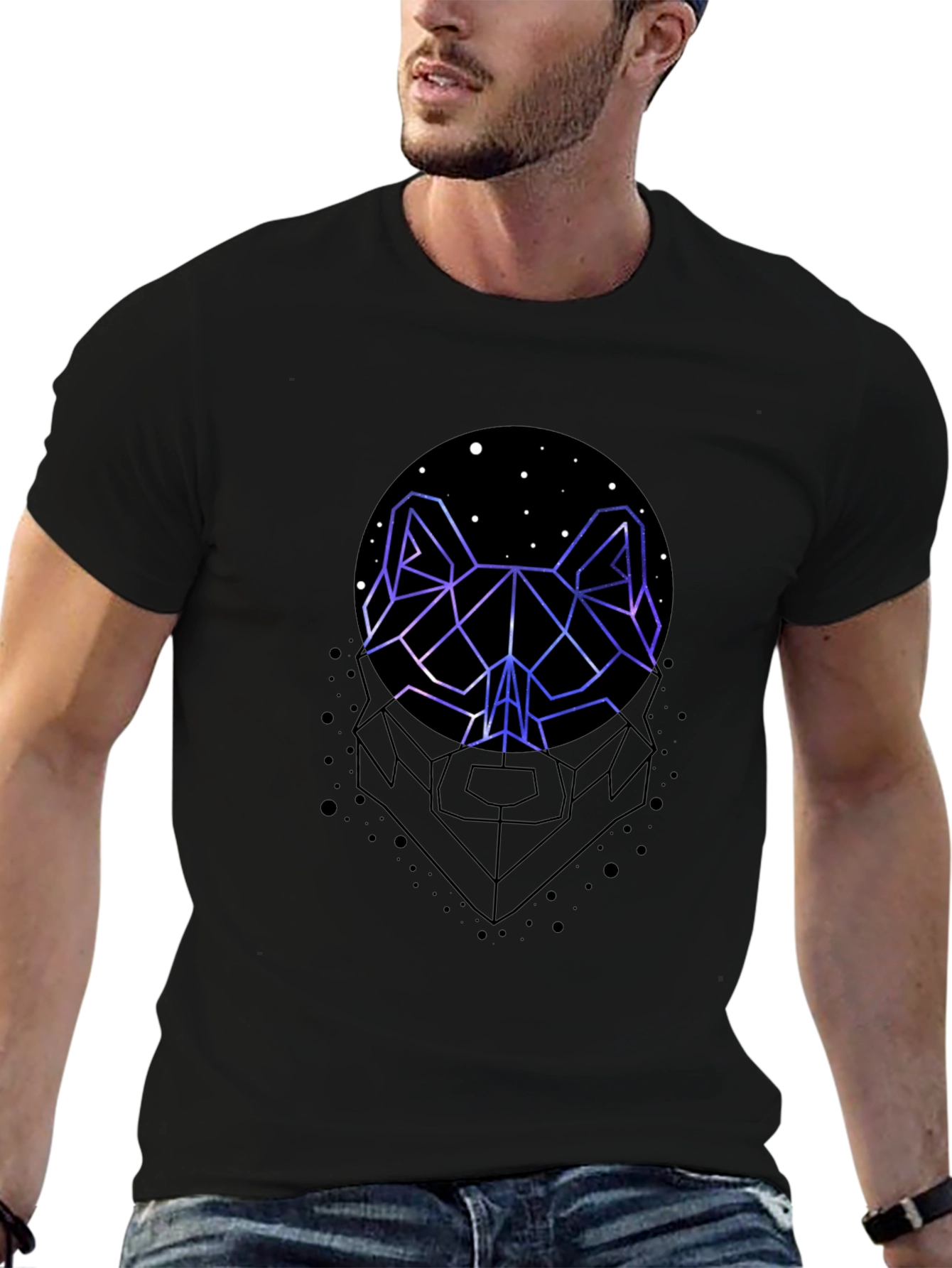 Geometric Wolf Graphic Print Black T-Shirt