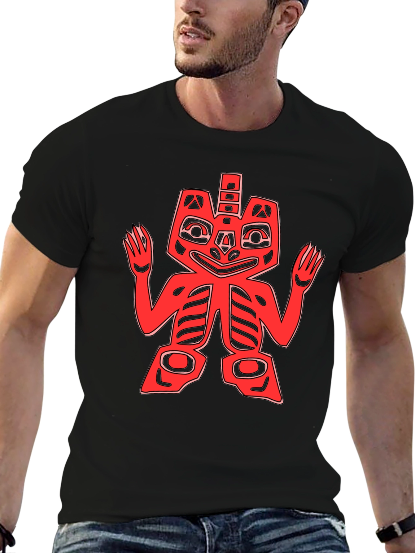 Red Totem Graphic Print Black T-Shirt