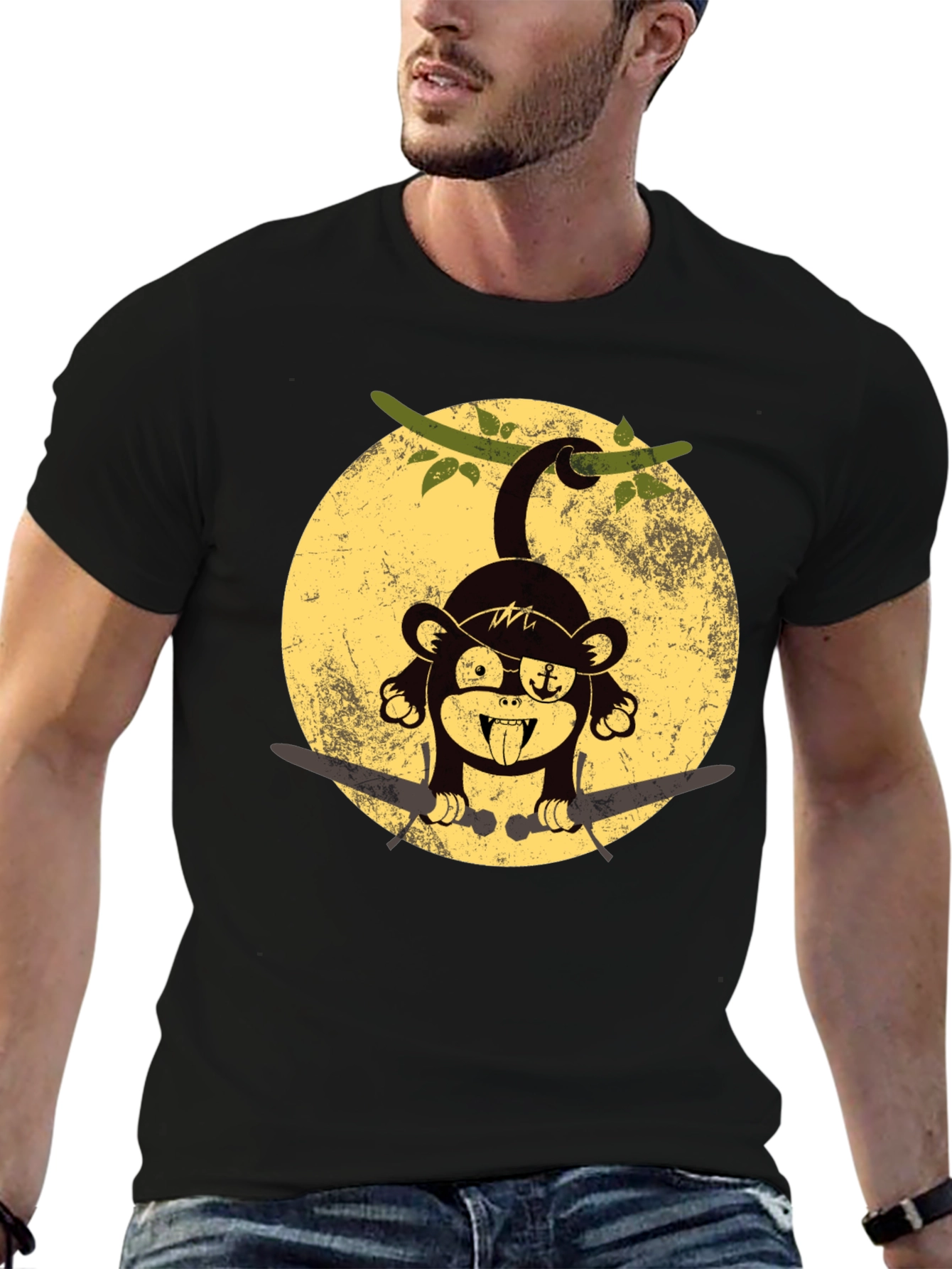 Pirate Monkey Graphic T-Shirt - Black Crew Neck Tee