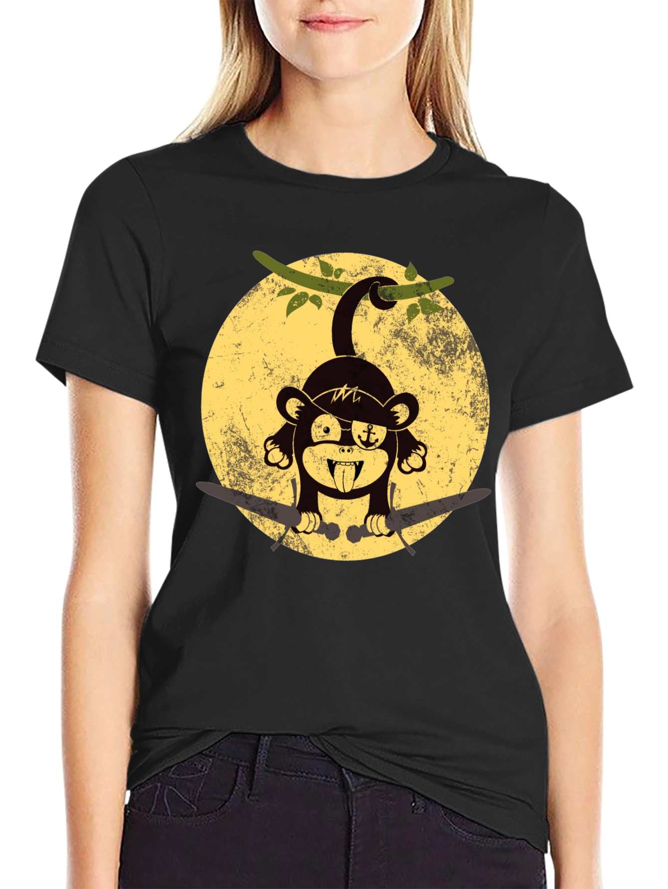 Pirate Monkey Graphic T-Shirt - Black Crew Neck Tee