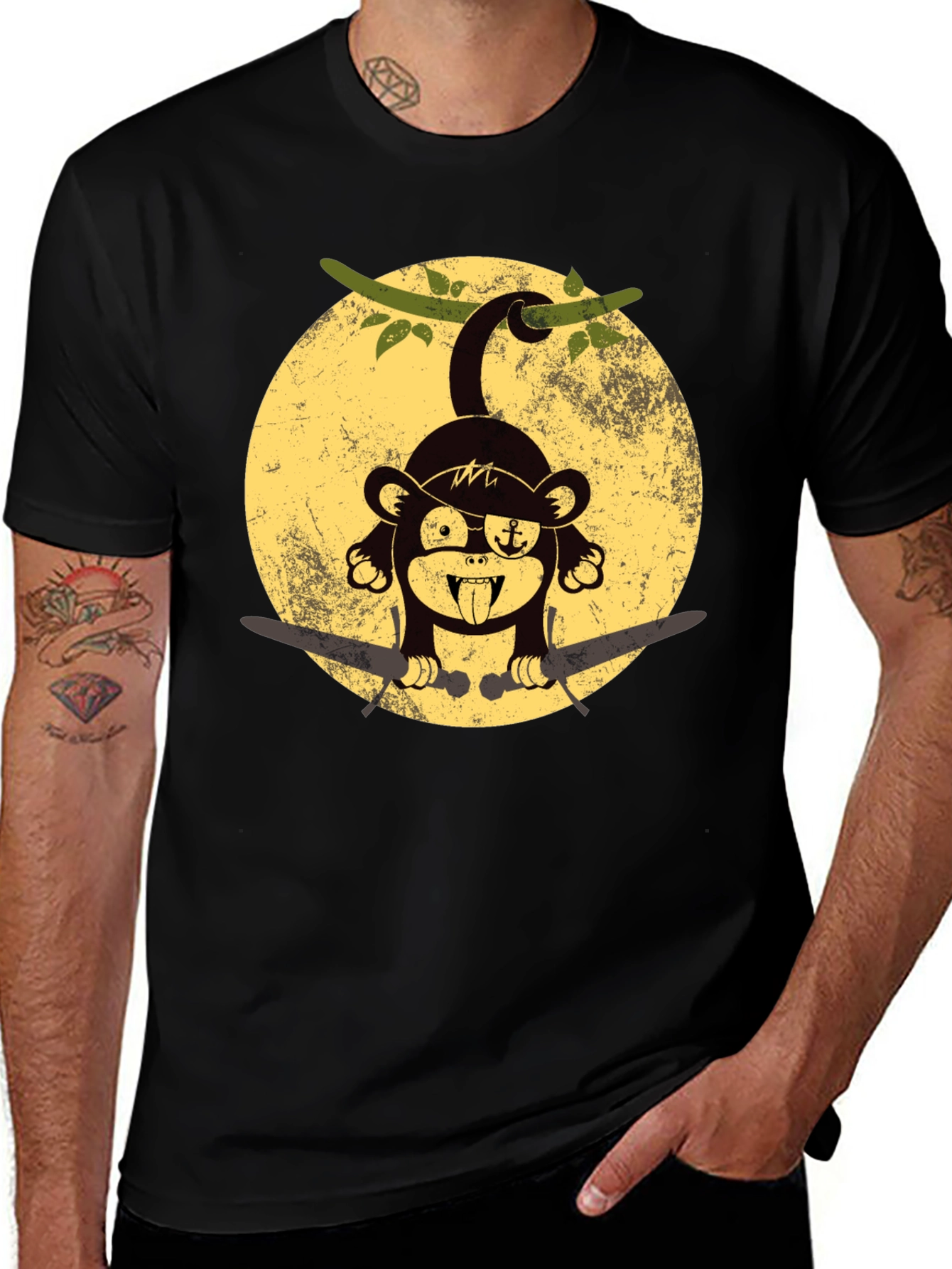 Pirate Monkey Graphic T-Shirt - Black Crew Neck Tee