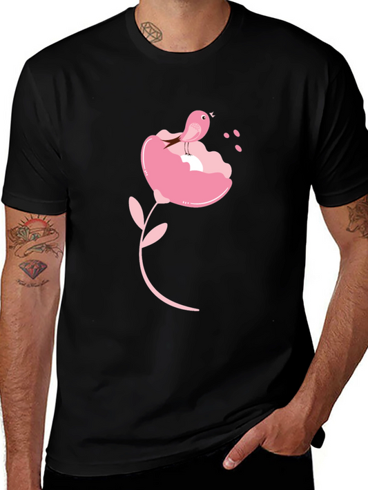 Bird on Flower Graphic Tee - Black T-Shirt
