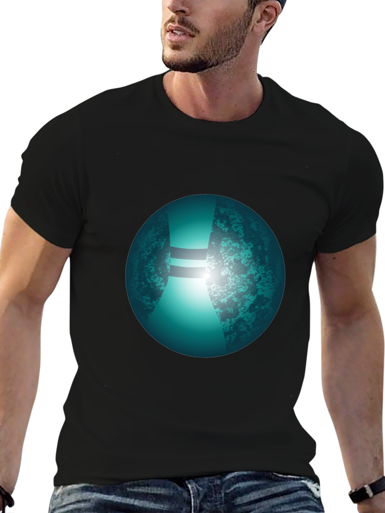 Mens Black T-Shirt with Graphic Orb Design