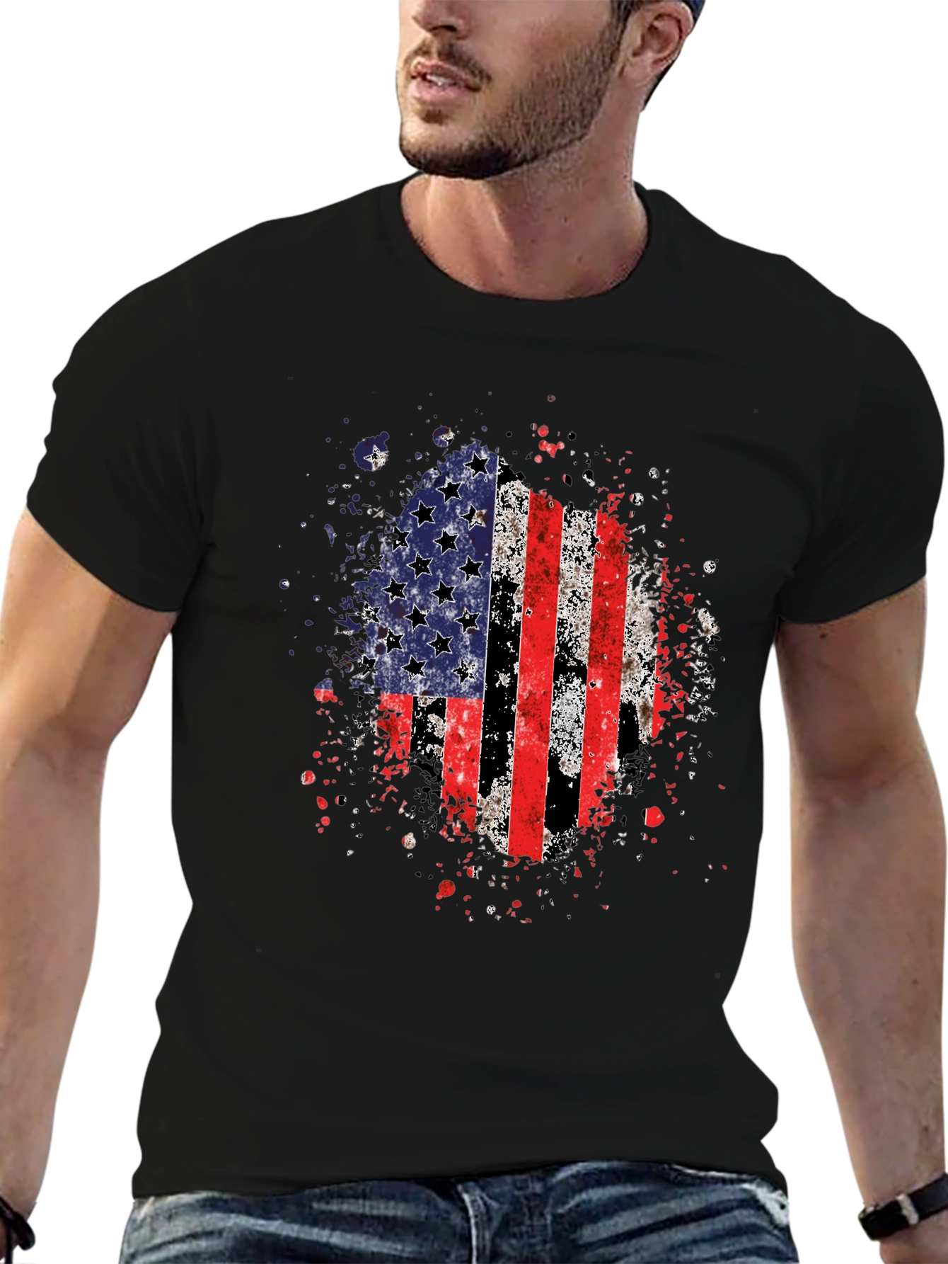 American Flag Graphic Print Black T-Shirt