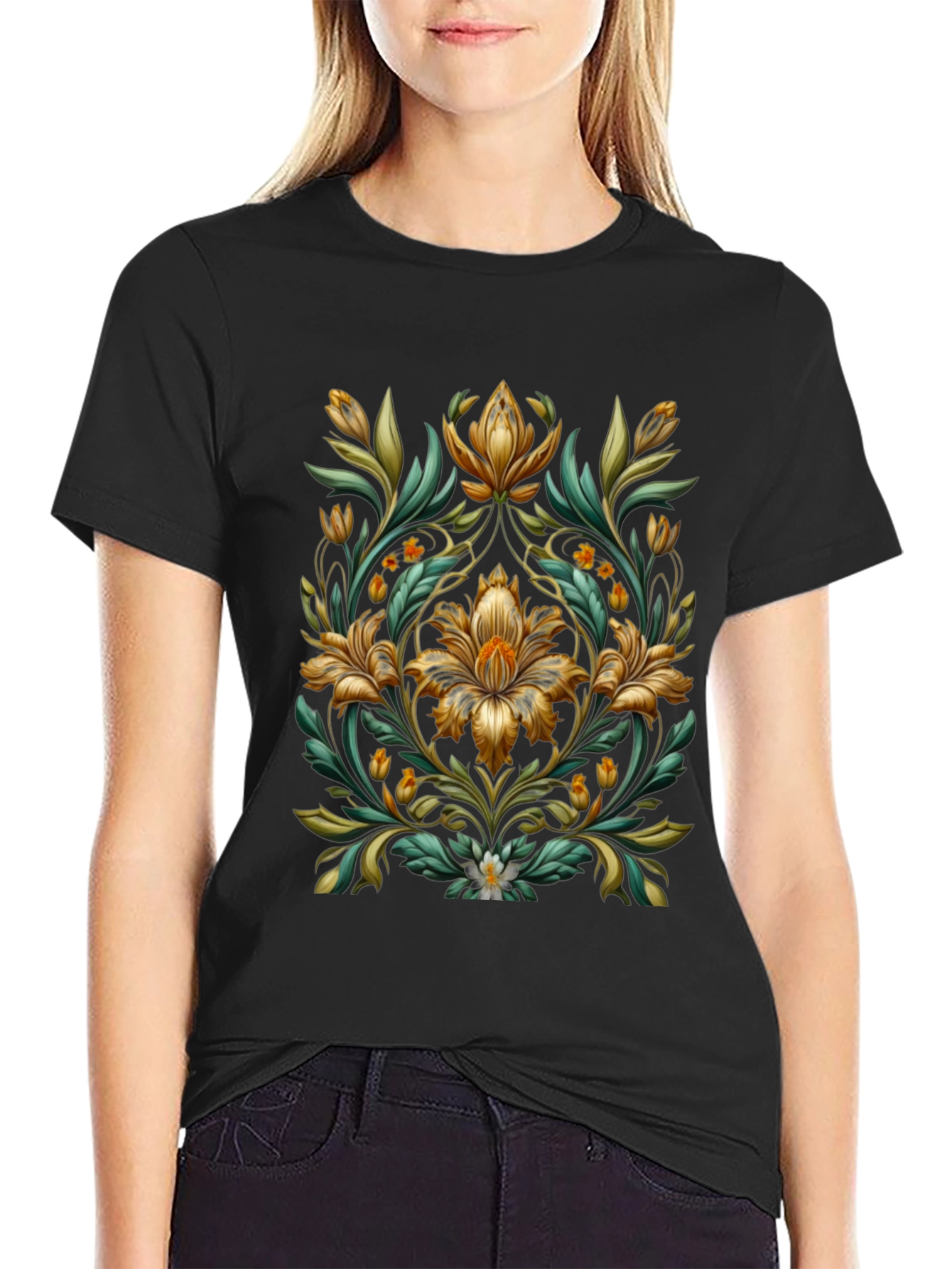 Floral Baroque Style Black T-Shirt