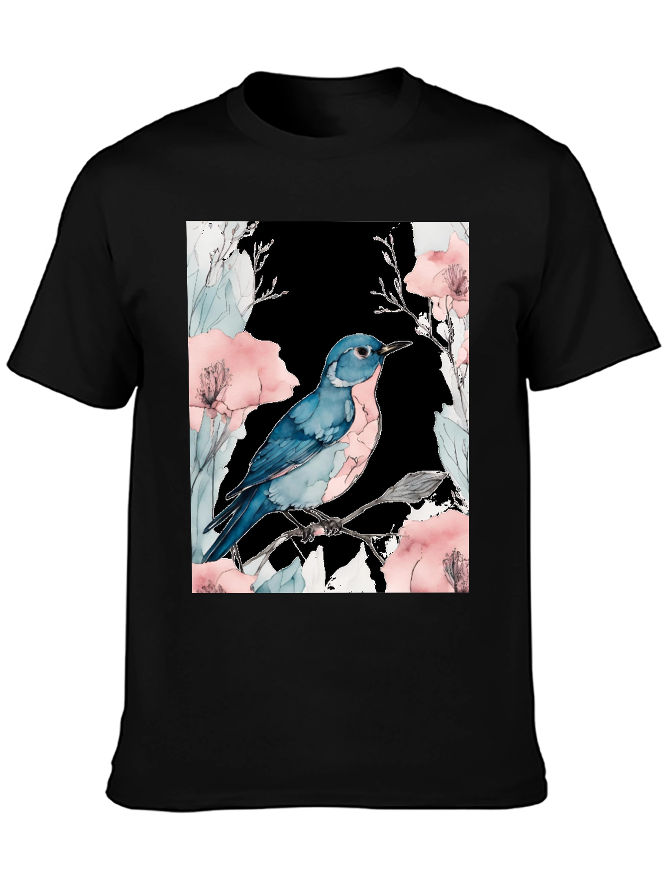 Blue Bird Floral Black T-Shirt