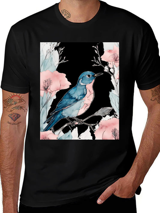 Blue Bird Floral Black T-Shirt