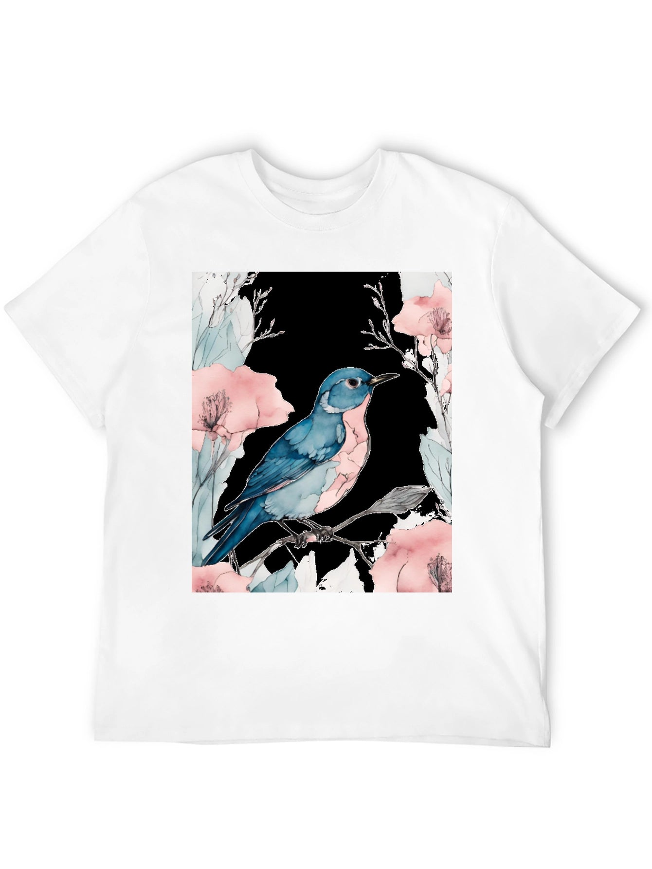 Blue Bird Floral Black T-Shirt
