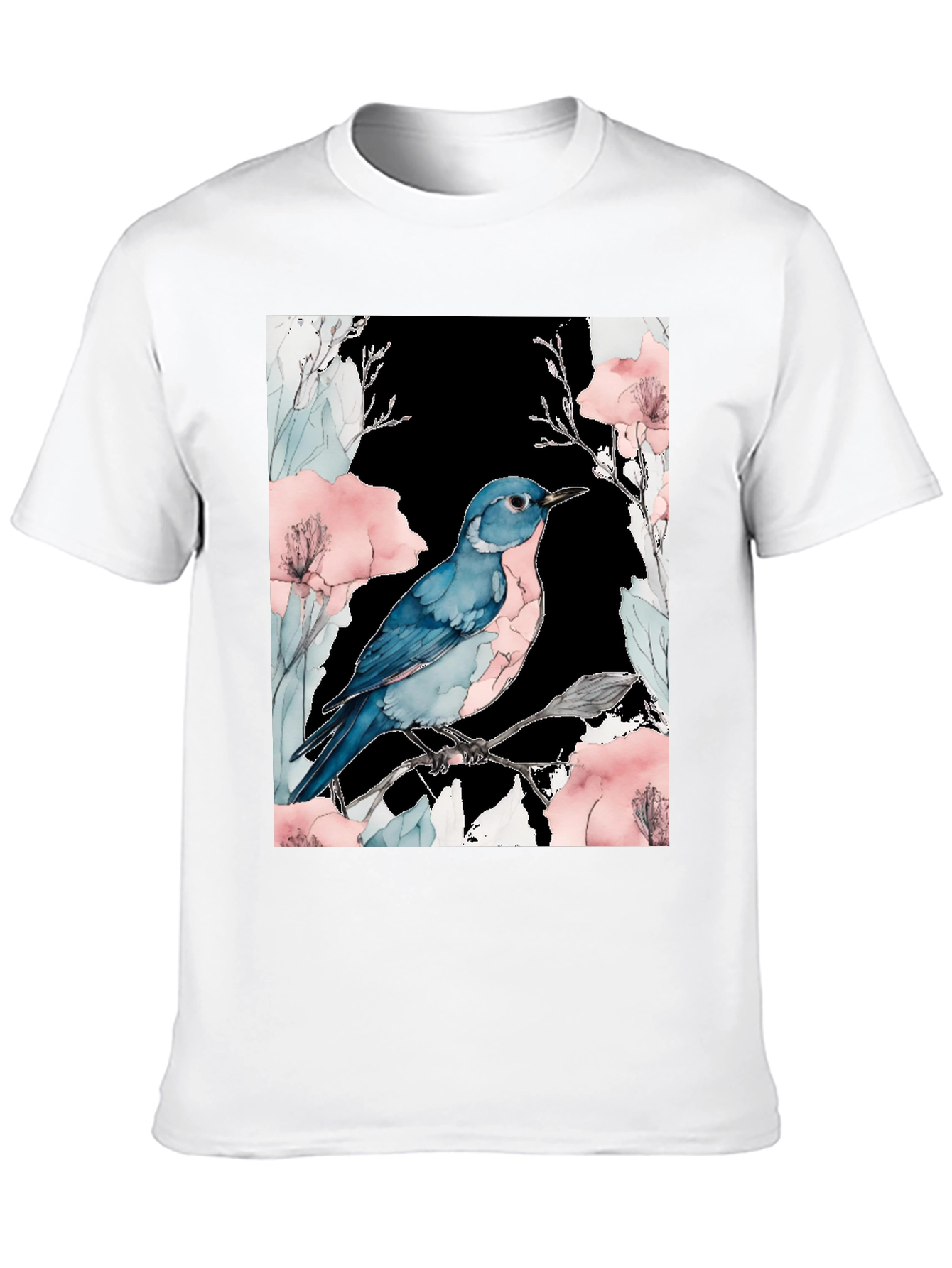 Blue Bird Floral Black T-Shirt