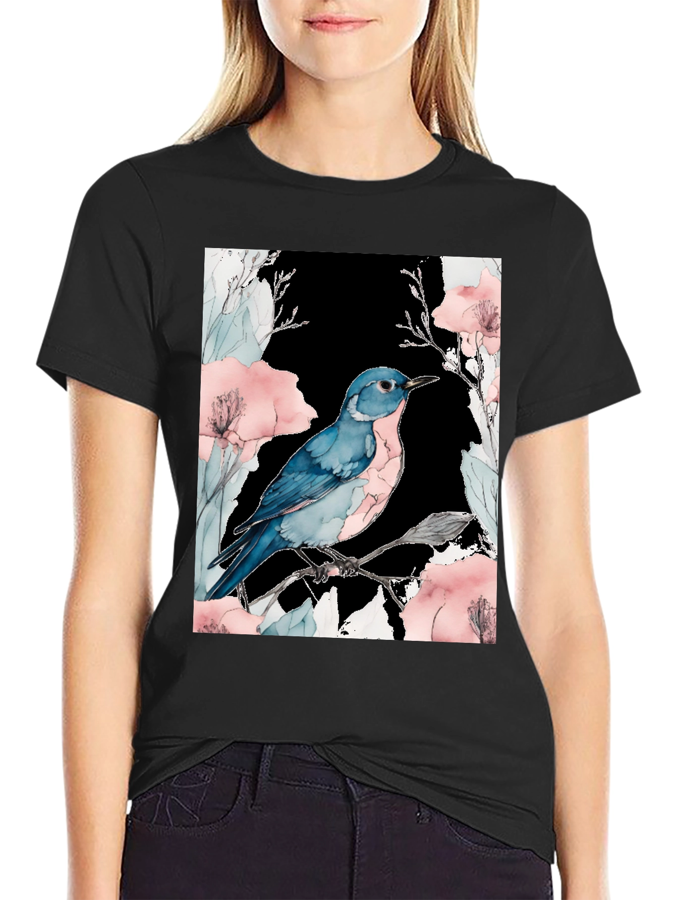 Blue Bird Floral Black T-Shirt